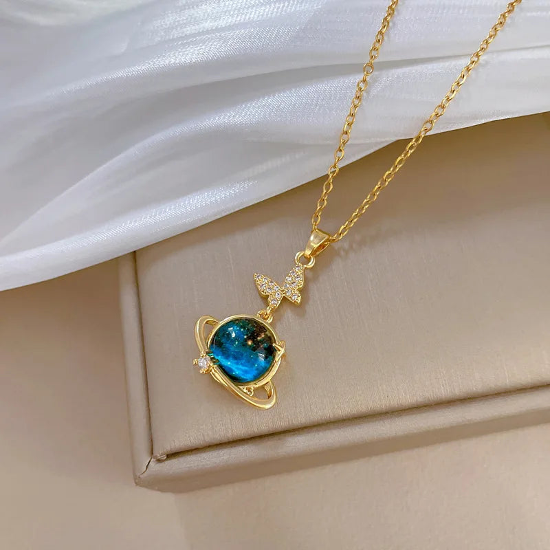#00038 - Fluttering Butterfly Planet Necklace Set